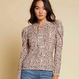 Nation LTD Evette Animal Print Tie-Neck Puff Sleeve Top Blouse Antique Leopard